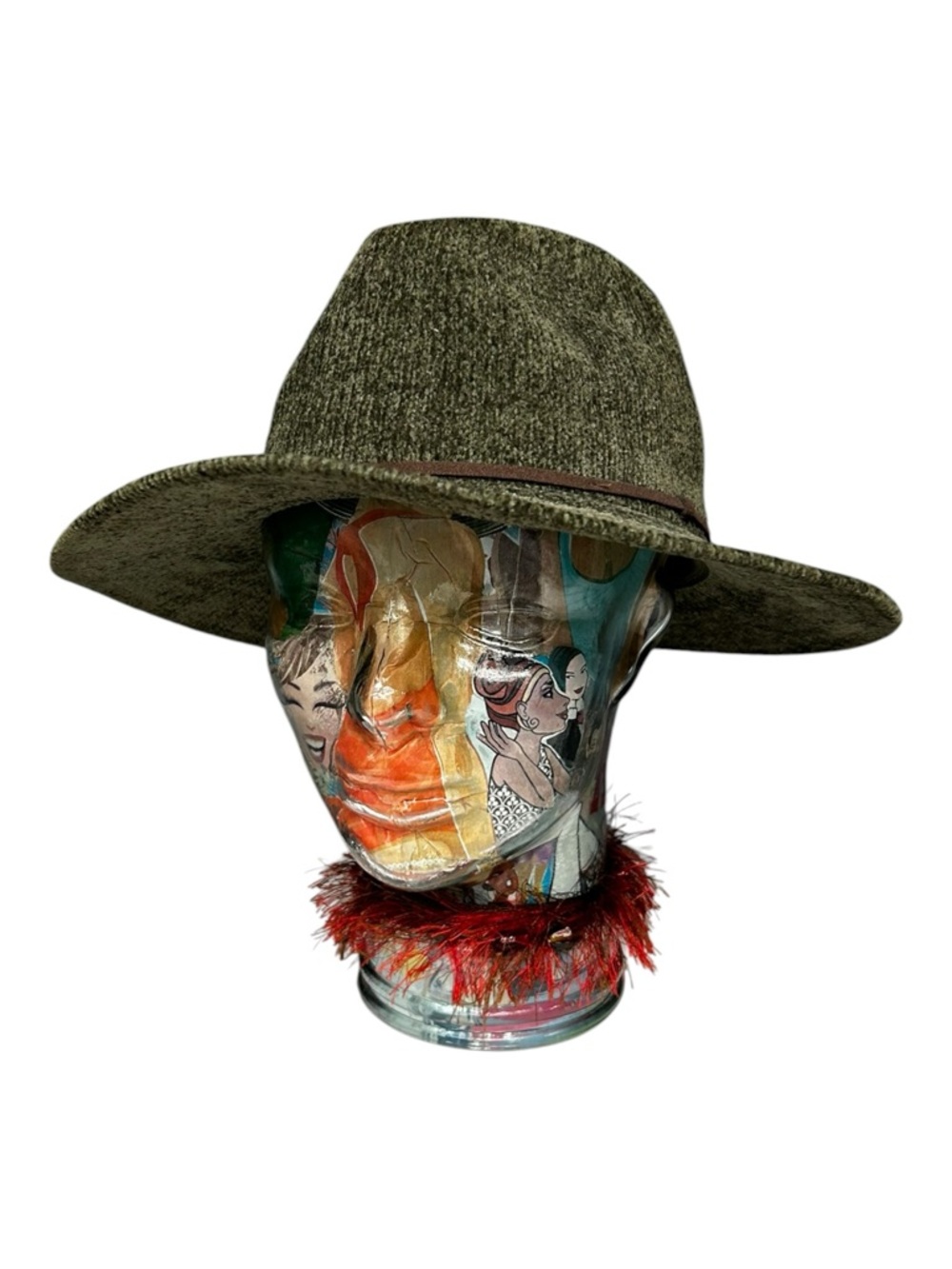 Olive Green Wide Brim Hat Chenille Textured Fedora One Size Boho Western - Picture 3 of 13